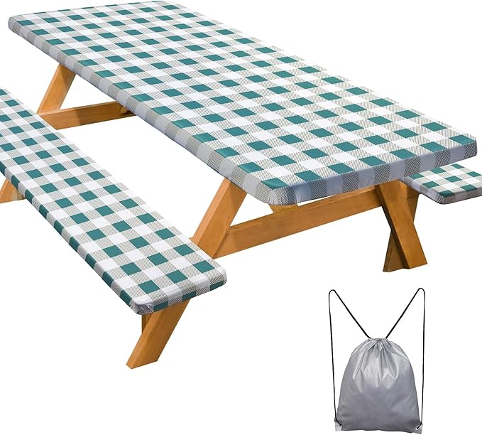 Picnic Table Cover with Bench Covers Camping Essentials Waterproof Windproof Camping Tablecloth with Drawstring Bag, Fitted Rectangle Tables and Seats, 96in, White Green Checkered
