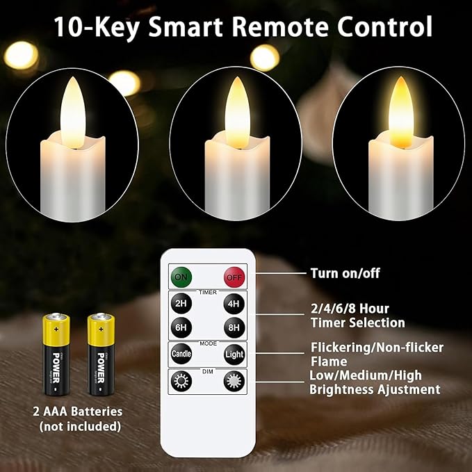KSWING Upgraded Real Wax LED Flameless Grey Taper Candles with Remote, 6 PCS Candlesticks Battery Operated 3D Flickering - 9.6" Long Realistic Fake Candle Sticks for Home/Wedding/Fireplace Xmas Decor