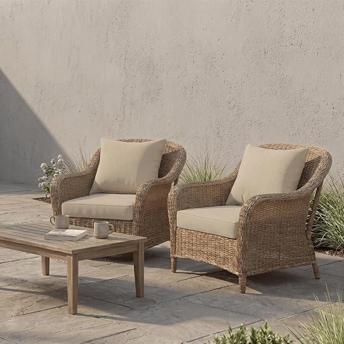 PatioGlow Outdoor Seat Cushion Set, 22" x 22" x 3.5", Set of 2, Water-Resistant & Fadeness Patio Furniture Cushions with Removable Cover & Ties, Thick Deep Seating Pads for Outside Sofa Couch, Khaki