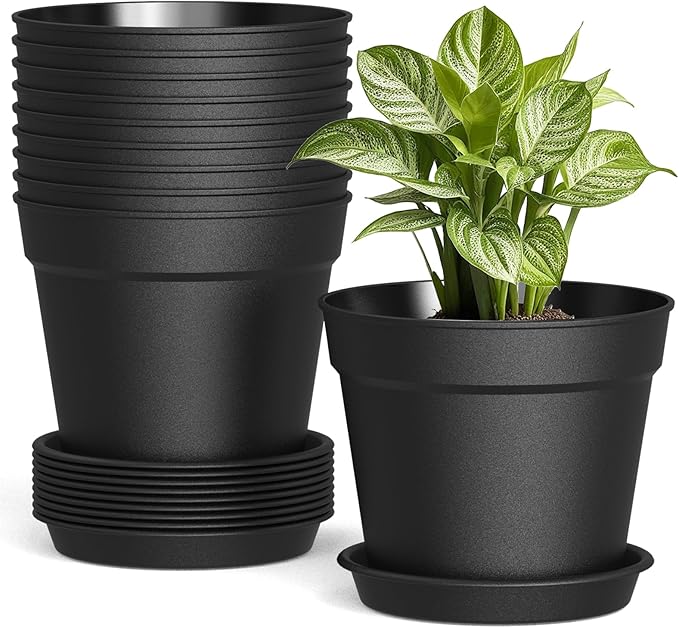 SwinDuck 10 Pack 6 Inch Plant Pots with Drainage and Saucers, Black Plastic Flower Pots for Indoor and Outdoor Plants, Stackable Nursery Planters for Houseplants and Herbs, Black