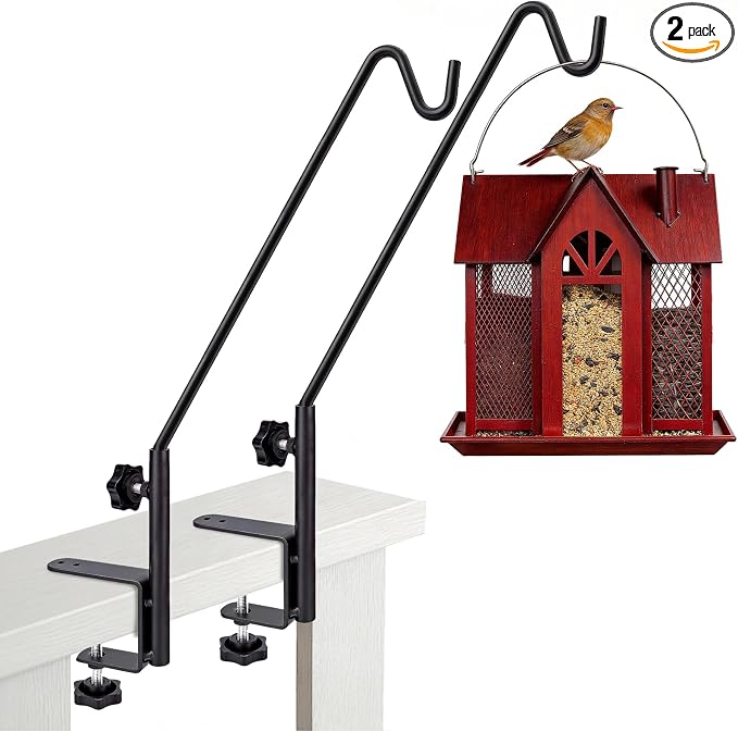 15 Inch Deck Hooks Hanger for Railing 2 Pack, Heavy Duty Shepherds Hooks for Outdoor Hanging Plants, 360° Swivel Adjustable Bird Feeder Pole Deck Railing Plant Hanger Bracket Outdoor