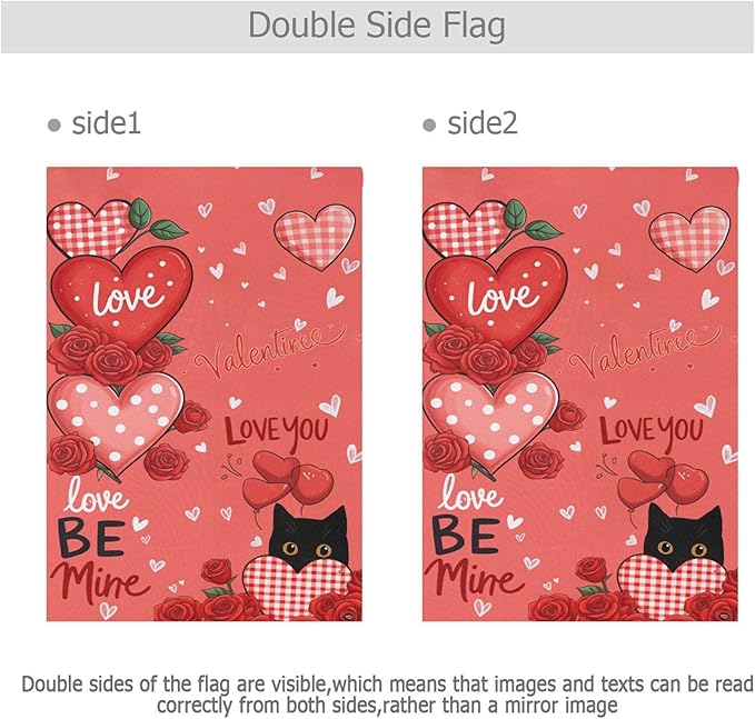 Valentine’s Day Cat Love House Flag 28x40 Inch Double Sided Outside Red Heart Be Mine Valentines Gift Yard Outdoor Flag Banner for Garden Lawn Patio Holiday Decorations