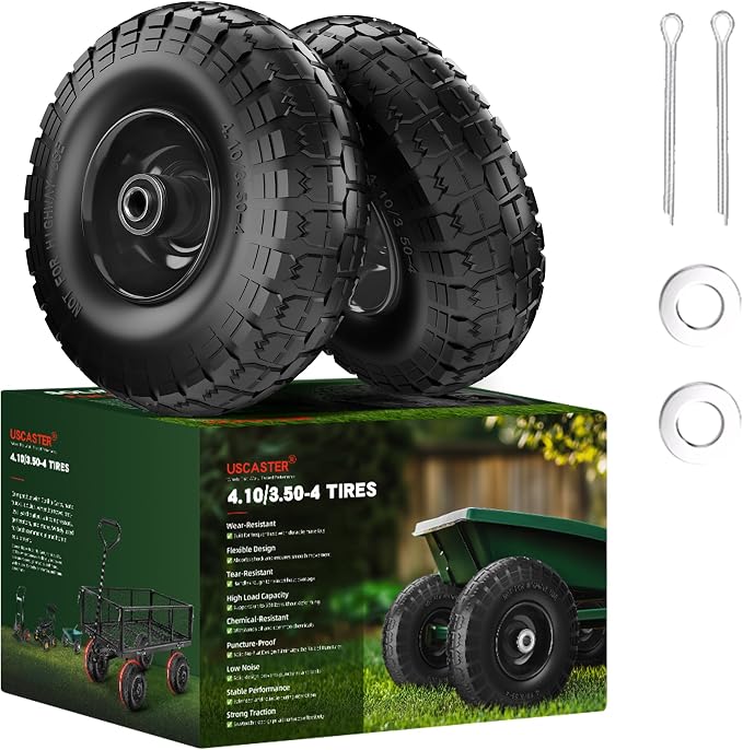 4.10/3.50-4 Tire and Wheel Flat Free,10-Inch Solid Wheel Replacement with 5/8 Bearings,2.2" Offset Hub -Compatible with Hand Truck,Wheelbarrow,Dolly(Black)