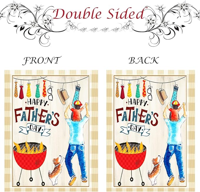 Wamika Happy Fathers Day Best Dad Double Sided House Flag Garden Banner 28" x 40", Father BBQ Lovely Dog Hat Sunglasses Men Tie Garden Flags for Anniversary Yard Outdoor Decoration