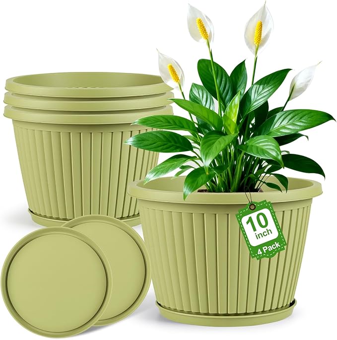 10-inch-Planters-for-Outdoor-Plant，Plastic Indoor Flower Pots with Drainage Holes & Saucer，4 Packs Decorative Garden Pots for Plant for Home Porch Decor