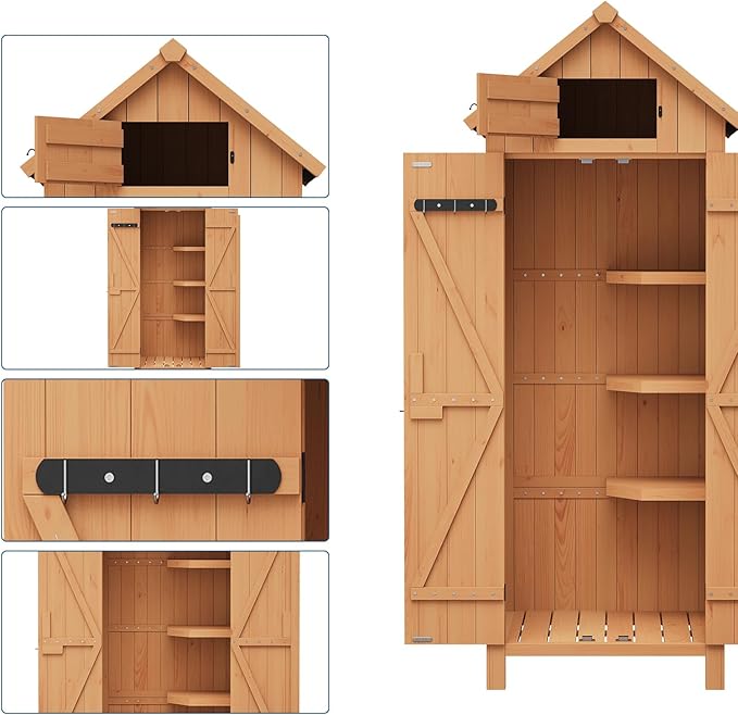 Outdoor Storage Shed, Small Waterproof Garden Tool Shed with 3 Shelves, Roof Storage & Lockable Doors, Compact Wood Storage Cabinet for Patios, Backyards, Balconies, Natural