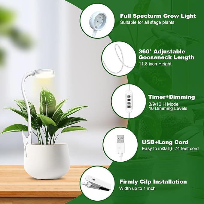 IMVSINCERE Small Grow Lights for Indoor Plants, Pot Clip On LED Plant Lights for Indoor Growing，Full Spectrum，360° Gooseneck Plant Lights for Succulents, 3/9/12H Timer, 10 Brightness, Includes 5V UL