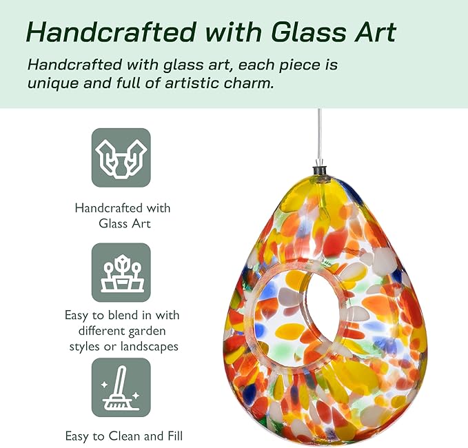 Glitzhome 6.75''H Hanging Glass Birdfeeder,Water Drop Fly Through Wild Bird Feeders for Outdoors,Orange Dots Glass Bird Feeders for Garden, Yard, Backyard, Deck and Porch Decor