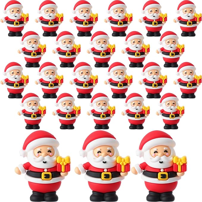 Chunful 25 Pcs Christmas in July Mini Santa Figurines Holding a Gift Tiny Santa Rubber Figure to Hide and Seek Small Statue Xmas Party Supplies Gifts for Xmas Fairy Garden Home Table Decor (Gift Box)
