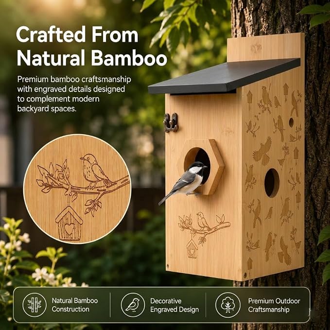 Smart Bird House with Camera, Wooden Birdhouse for Outdoor Bird Watching, App Live View, Color Night Vision, Motion Detection, 2-Way Audio, Waterproof Backyard Bird Nesting Box
