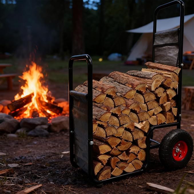 Doublehorse Firewood Cart with Pneumatic Wheel: 27 x 20 x 44 in Large Heavy Duty Metal Waterproof Portable Storage Rack - for Outdoor Camping Backyard Fireplace Indoor Use for Women Men