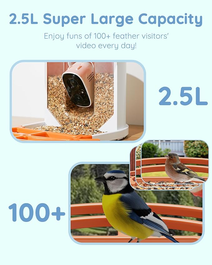 Hiseeu 3MP Feeder with Camera, 2.5L, AI Identify 11000+ Species, Solar Powered, Auto Capture Bird Videos & Motion Detection, Smart Bird Watching Camera Wireless Outdoor (Orange-64G)