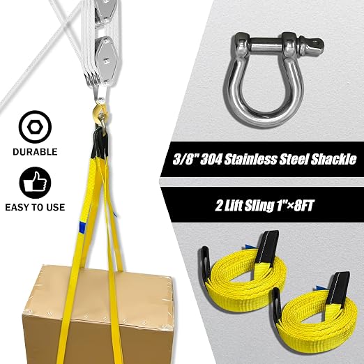 YATOINTO Rope Pulley Hoist 4400 LB, Pulley Block with 3/8" Shackle and 2PCS Lift Sling, 8:1 Lifting Power Block and Tackle Pulley System, 65ft Heavy Duty Rope Hoist for Garage Warehouse Constructions