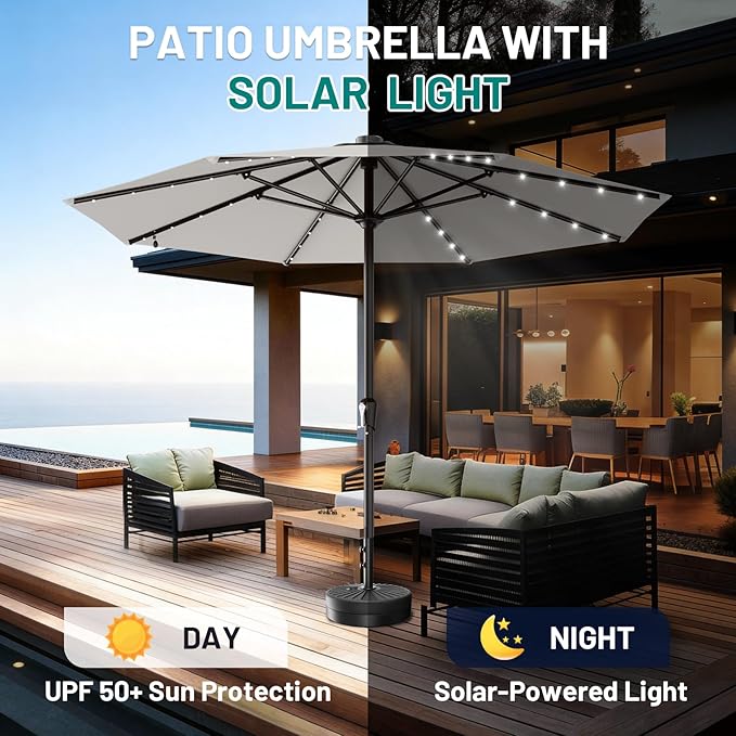 AreShark 11FT Large Patio Umbrella with Solar Lights, Lighted Solar Umbrella with Crank, Outdoor Table Market Umbrellas for Garden, Deck, Backyard, Pool and Beach, Light Gray