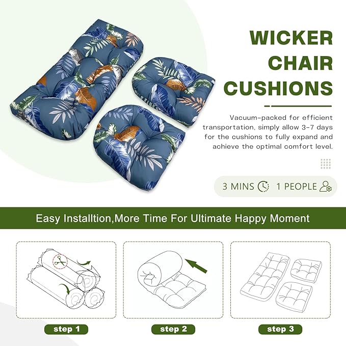 Wicker Chair Cushions Set, 2 U-Shaped Cushions & 1 Loveseat, Waterproof Outdoor Loveseat Cushion for Patio Furniture, Settee Bench Pad All Weather,BlueLeaf