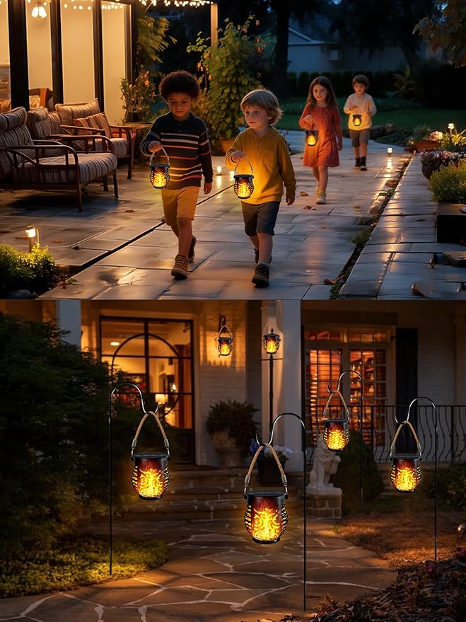 6 Pack Solar Lights Outdoor Waterproof, Solar Lantern with Realistic Flickering Flame, Auto On/Off Solar Powered Garden Light with Hemp Rope Handle for Outside Tree Patio Porch Camp Tabletop Decor