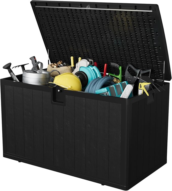 130 Gallon Outdoor Storage Box, Large Resin Deck Box with Hydraulic Air Rod, Lockable Lid & UV Resistant, All-Weather Deck Box for Patio Furniture, Pool Accessories, Gardening Tools, Black
