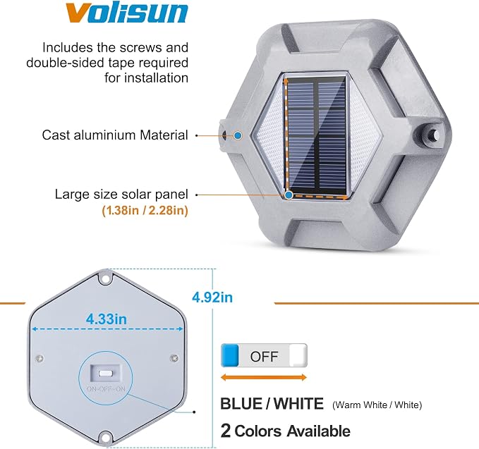 VOLISUN Solar Dock Lights, 16-Pack Waterproof Outdoor LED Aluminum Dock Lighting Warning Step Lights for Driveway (Blue+White, 2 Colors in 1), Auto On/Off