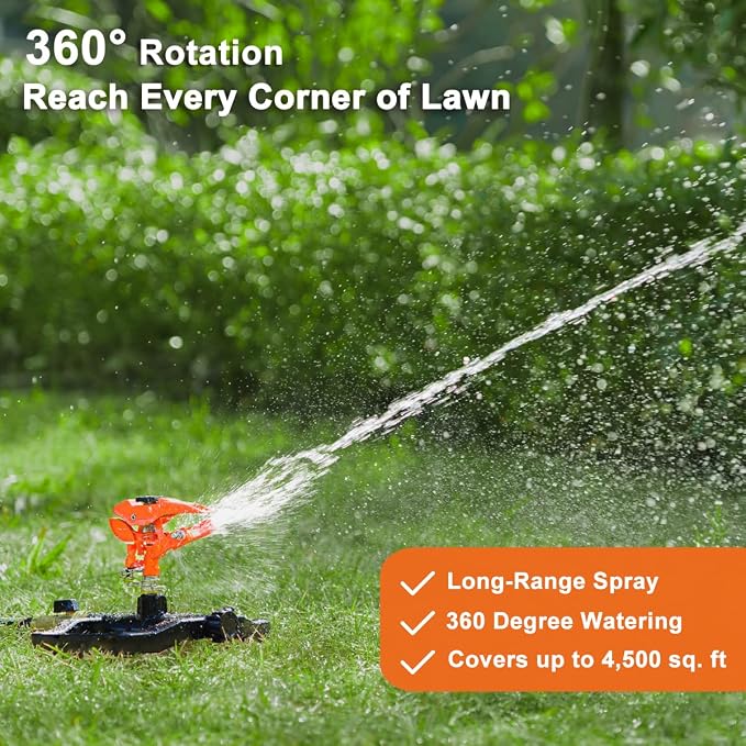 FANHAO Heavy Duty Pulsating Impact Sprinkler for Yard, 360 Degree Rotating Lawn Sprinklers with All Metal Base, Adjustable Large Area Irrigation Sprinkle for Garden, Covers Up to 5,800 Sq. Ft