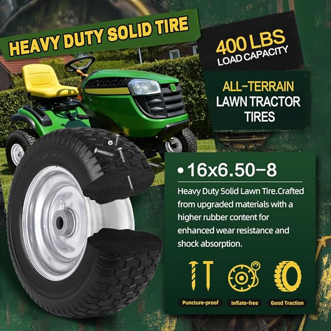 16x6.50-8 Tire and Wheel Assembly (2 Pack),Flat Free Lawn Mower Tires with Rim, Solid Rubber Riding Lawn Mower Tires and Wheels,3" Offset Hub,3/4" Bushings,16x6.5-8 Tractor Turf Tire(Gray)