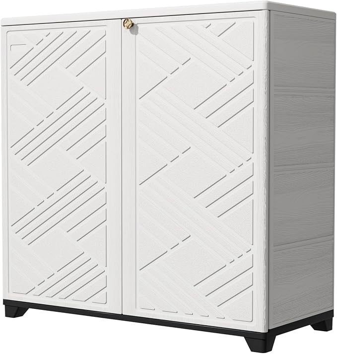 KINYING Outdoor Storage Cabinet Waterproof with 2 Shelves, 60 Gallon Resin Storage Shed for Patio/Garden/Backyard, Outdoor Storage Box for Cushions,Garden Tools and Pool Supplies,White