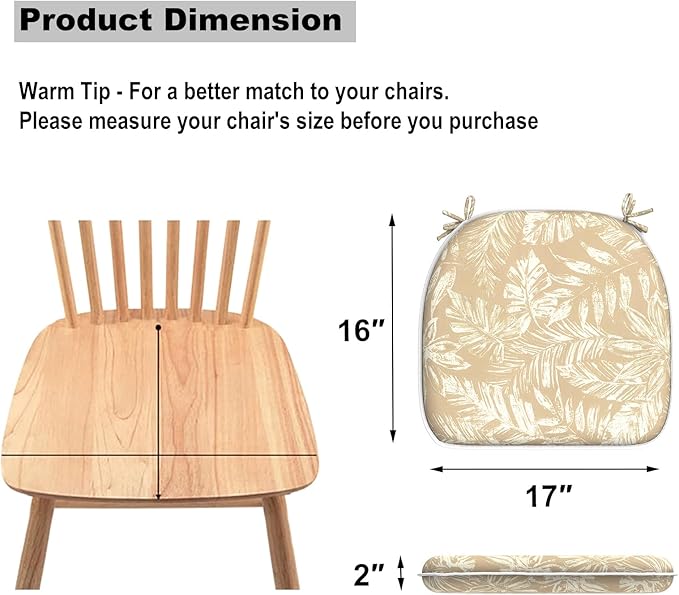 DYTXIII Set of 4 Outdoor Chair Cushions with Ties,Water Repellent Patio Chair Pads 17"x 16" for Outdoor Furniture,Round Corner Seat Cushions for Garden Yard Kitchen Tropical Leaf Oat