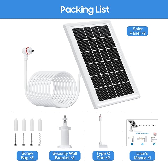 Solar Panel for Ring Camera, 2 Pack solar panels for Ring Security Camera, 5W Solar Panel with 10FT/3M Long Cable Dustproof Waterproof, Solar Charger Compatible with Spotlight & Stick Up Outdoor Cam
