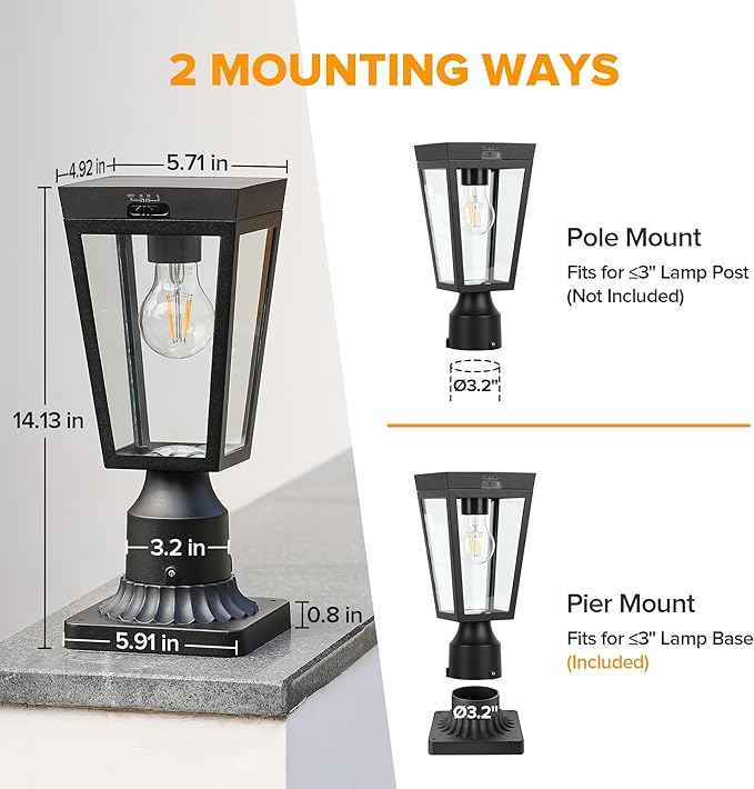 LUTEC Solar Post Lights, Dusk to Dawn Aluminium Solar Lamp Post Light with Pier Mount Base, Solar Powered Outdoor Waterproof Post Lights for Garden Yard Patio
