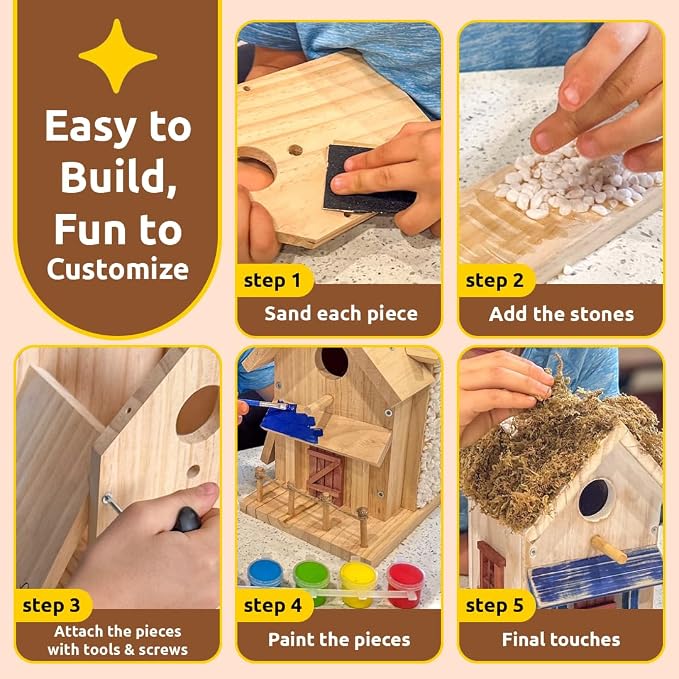 SparkJump Cottage Birdhouse Kit - Easy DIY Wooden Bird House for Outdoors, FSC Certified Wood, Cedar Roof, Natural Stones, Front Porch, Moss Accents, Fun Craft Project for Families and Nature Lovers