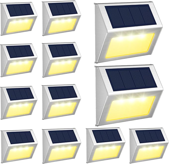 JSOT Solar Lights Perfect for Deck, Fence, Stair, Step Decor-Warm White-12P | Stainless Steel, Waterproof, Solar Powered, Garden, Patio, Deck Rail