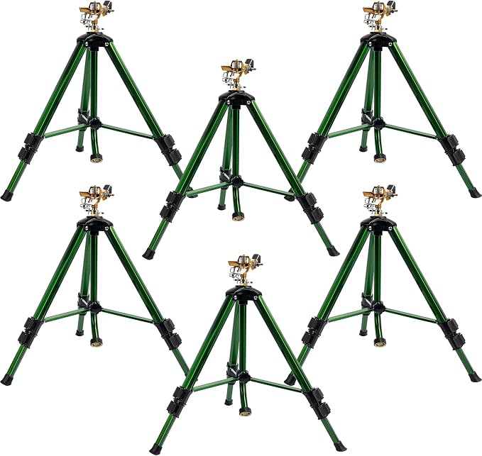 Hourleey Impact Sprinkler on Tripod Base, 6 Pack Heavy Duty Sprinklers for Lawn Yard Garden, 0-360 Degree Large Area Coverage, 3/4 Inch Connector Extension Legs Flip Locks with Brass Head