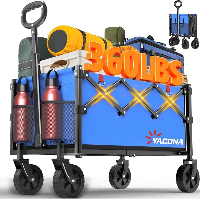 Yozoia Wagons Carts Foldable, Lightweight Portable Utility Shopping Cart with Wheels, Folding Grocery Wagon Cart for Grocery, Camping, Shopping, Beach, Garden, Sports Blue
