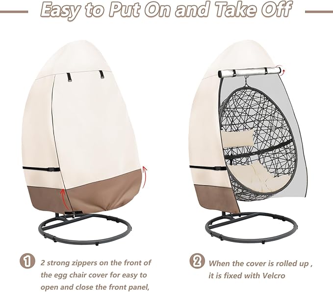okcool Patio Hanging Egg Chair Cover, Waterproof Heavy Duty Outdoor Single Seat Swing Egg Chair with Stand Cover(Beige & Brown, Fits 45″W x 33″D x 68″H Egg Chair)