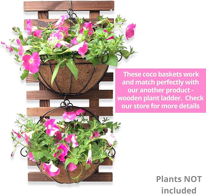 ShopLaLa Bundle - 4 Pack, 9.8 Inch Black + 2 Pack, White Metal Wire Flower Baskets with Coco Liner, Small and Cute Fence Hanging Planter, Balcony Deck Railing Patio Modern Outside Garden Patio Decor