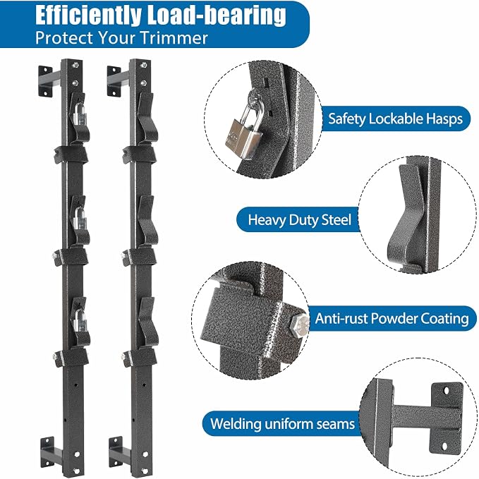 Trimmer Rack, 3 Place Heavy Duty Weedeater Rack for Walls, Open and Enclosed Trailers with Locks, Black Steel