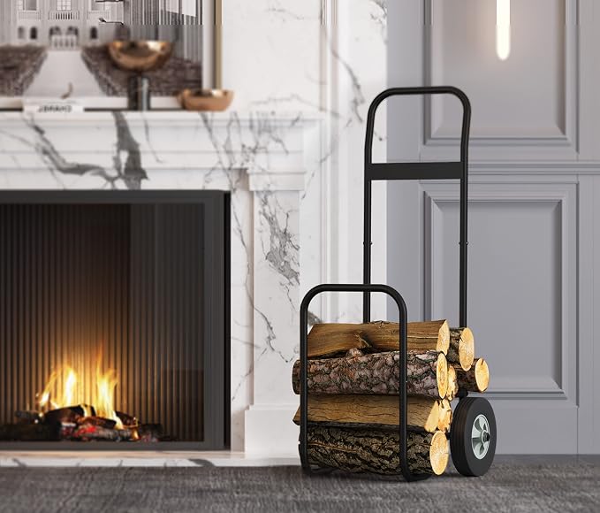 Fire Beauty Firewood Log Cart Carrier, Outdoor and Indoor Wood Rack Storage Mover, Rolling Dolly Hauler