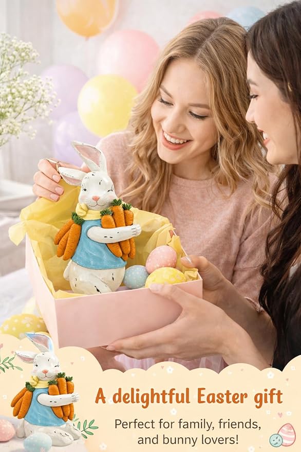 GoGnome Easter Decorations Bunny Resin Figurine with Carrots – 9.3'' Hand-Painted Rabbit Outdoor Statue, Spring Farmhouse Garden Decor for Easter, Mantel, Shelf, or Gift (White/Blue/Orange)