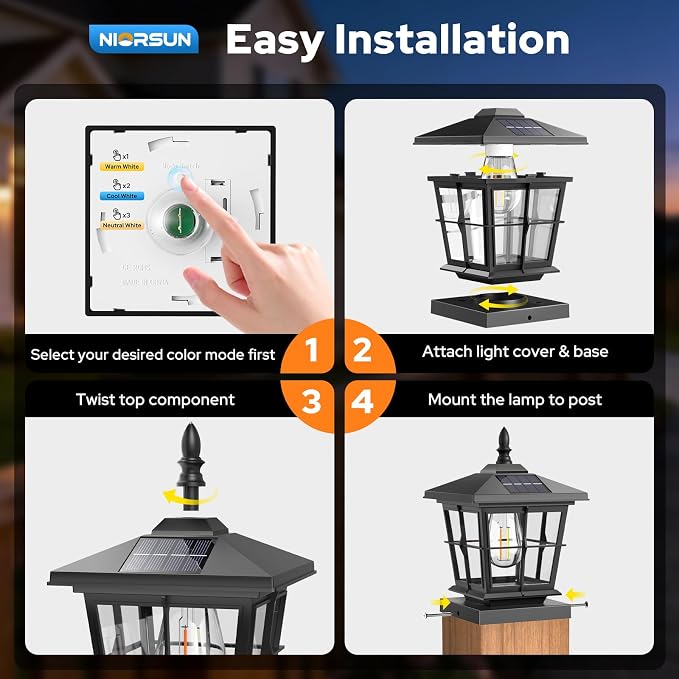 NIORSUN Solar Post Lights Outdoor, Fence Post Solar Lights with 3 Color Temperatures, Edison LED Bulbs Garden Patio Fence Deck Decor, 4x4 Posts Caps, 4x4, 5x5 Wooden & Vinyl (4 Pack,Black)