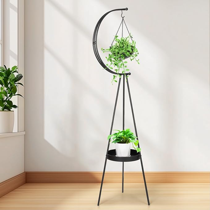 airogym Plant Stand, Metal Plant Holder Indoor Outdoor, Modern Iron Flower Pots Rack, Multifunctional Planter Display Shelf with Hanging Planters for Garden Patio Room, Corner Balcony Decor (Black)