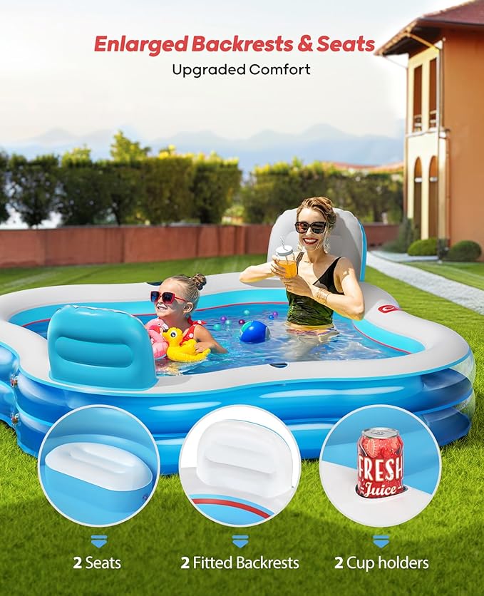 QPAU Inflatable Swimming Pool with 2 Seats and Backrests, 80" L x 80" W x 27" D Large Full-Sized Family Pools for Kids and Adults for Backyard, Garden, Outdoors, Clear Blue