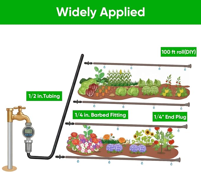 1/4" Drip Irrigation Tubing 100ft with 6" Emitter Spacing for Garden System | Pre-Installed Emitters at Close Intervals Save Setup Time, Even Distribution for Flower Beds, Works with Most Drip Systems