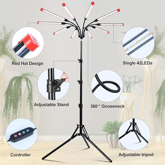 FRGROW 10Head Grow Light with Stand for Tall&Large Indoor Plants, Bonsai Tree, Big Coverage and Bright Plant Growing Lamps, 4/8/12/16/20H Timer, 90 Watt Power Draw, NO Need Adapter, 360° Gooseneck