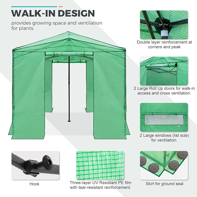 EAGLE PEAK 12x8 Portable Walk in Greenhouse, Pop Up Indoor Outdoor Greenhouse, Green House Kit with Zippered Roll-Up Doors, Windows + Support Pole, PE Cover, Clear/Green