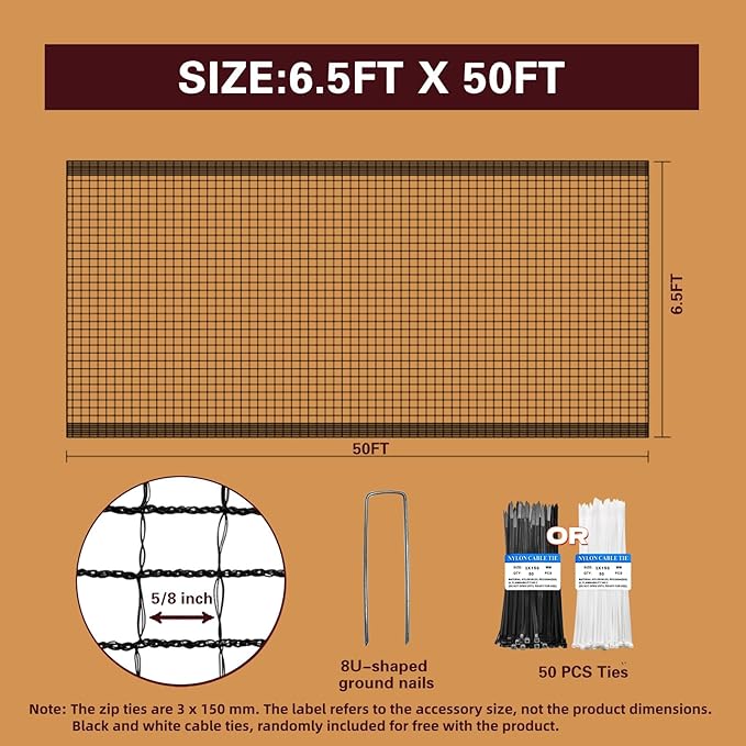 Deer Fence Netting,Plastic Mesh Fence 6.5x50ft,Reinforced Edges 55gsm Heavy Duty Animal Barrier,Ideal for Garden Netting,Against Bird,Temporary Fence,Fruit Plant Protection,Black