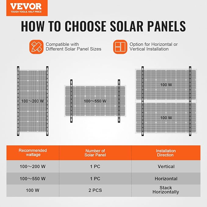 VEVOR 50-Inch Solar Panel Mounting Brackets, 0 to 90° Adjustable Tilt Mount Brackets Support 100-550W Solar Panels, Lightweight Aluminum Brackets with Folding Tilt Legs for RV, Roof, Boat, Off-Grid