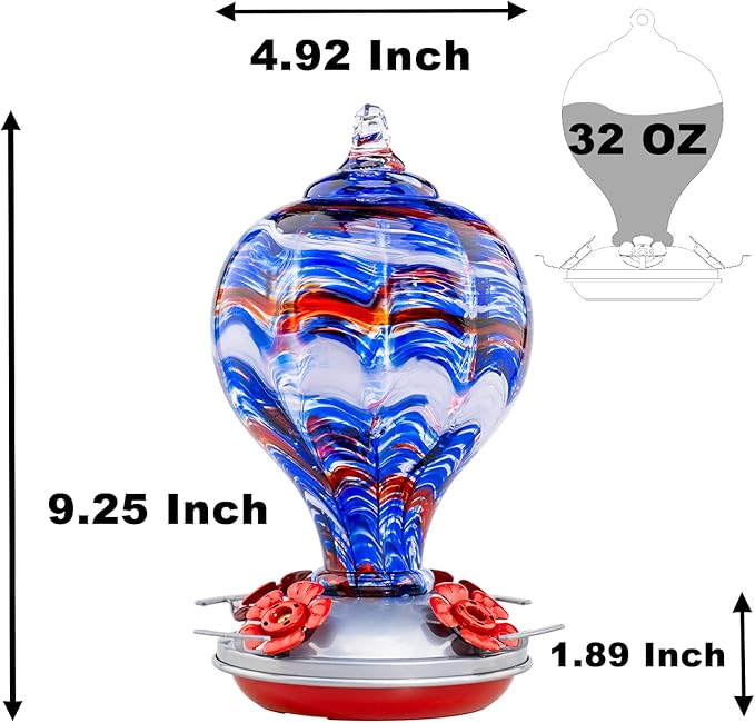 Muse Garden 32OZ Hummingbird Feeders Blown Glass Hummingbird Feeder, Garden Backyard Decor for Outside, Navy Blue | Muse Garden 32OZ Hummingbird Feeders Blown Glass Hummingbird Feeder, Garden Backyard Decor for Outside, Navy Blue