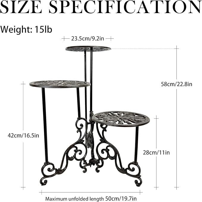 Cast Iron Plant Stand, 3-Tier Corner | Heavy-Duty, Vintage Metal with Ornate Design, 24-Inch Foldable Multi-Layer Rack, Indoor & Outdoor Use