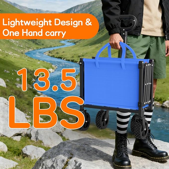 35" L Extra Long Wagons Carts Foldable, 360LBS Heavy Duty Collapsible Wagon with Wheels, Folding Wagon Portable Utility Cart for Groceries, Shopping, Camping, Sports (Blue, 180L)