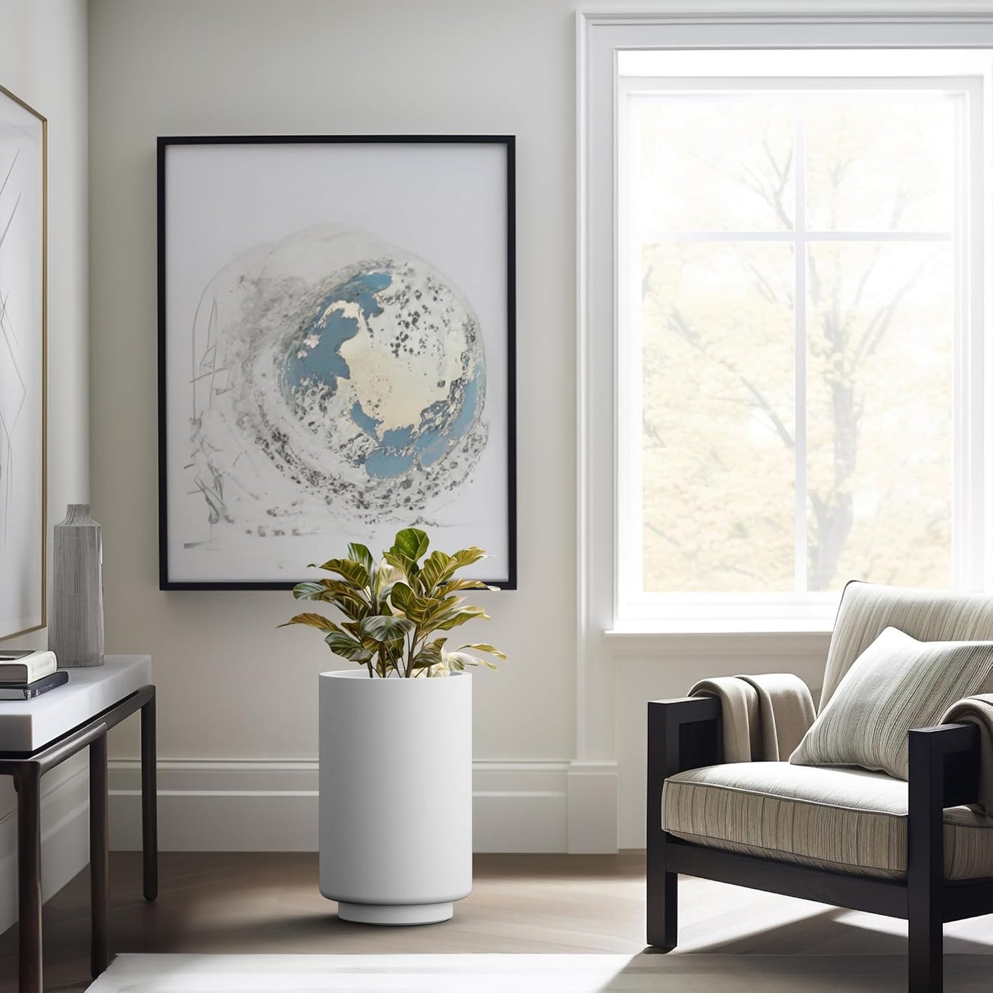 Kante 20.1 Inch Tall Concrete Planter, Round Pedestal Design Garden Pot for Indoor Outdoor Plants, Modern Garden Pot with Drainage Hole, White Finish with Aqua Blue Interior