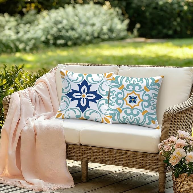Outdoor Waterproof Throw Pillow Covers 18x18 Set of 4 Floral Boho Decorative Cushion Cases for Patio Furniture Garden Porch Bench Couch Sunbrella